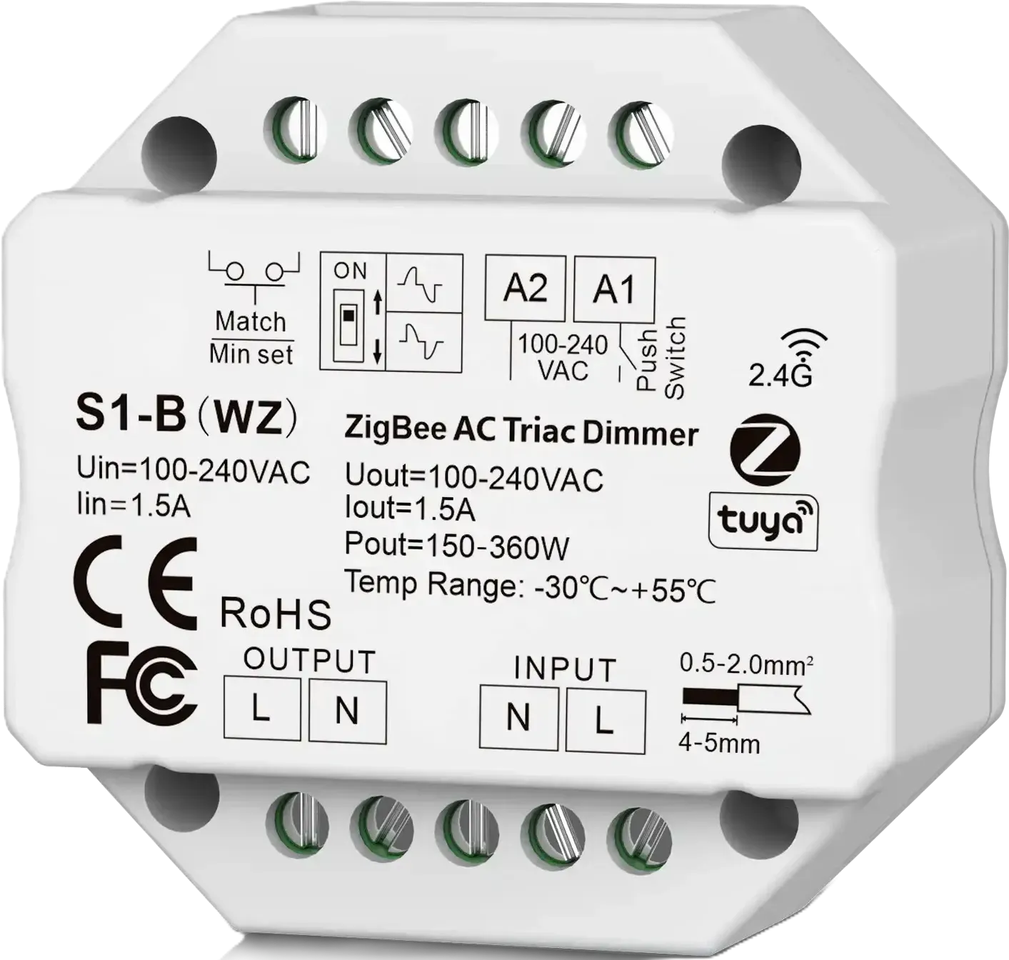 Akubela ZigBee AC Triac Dimmer, free from flashing, Adjustable brightness, overload protection,
IP20 Rating.